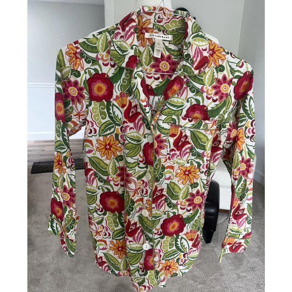 Pottery Barn Women Sz S Pajama Button Up TOP ONLY Floral Gardener 100% Cotton